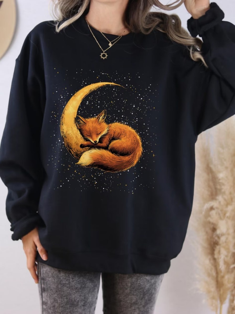 Black Sweatshirt with Orange Fox on Gold Crescent Moon
